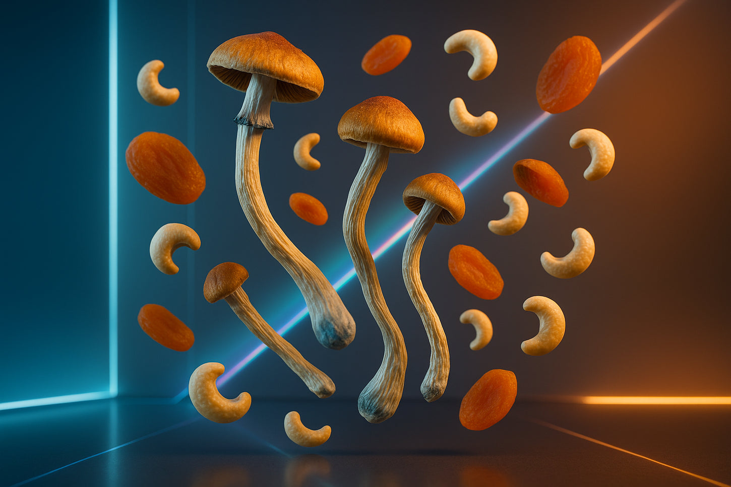 create-an-image-of-dried-mushrooms (golden teachers strain) -floating-mid-air-in-artistic-modern-way-with-futuristic-vibes-apricot-and-cashews-floating-around