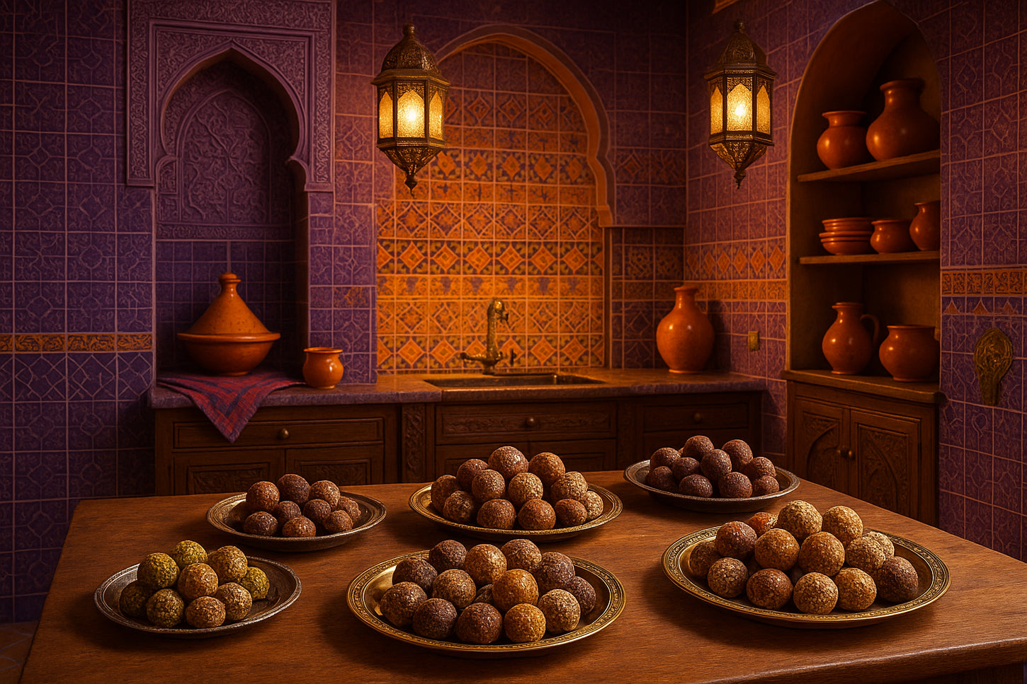 create an image of moroccan kitchen with energy balls bit on trys on the kitchen table. main colors purple and orange