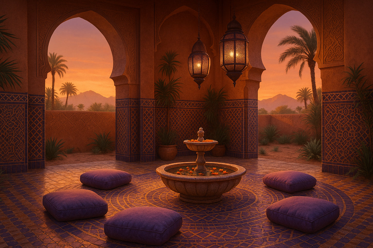create an image of zen experience with hints of colors (orange and purple) make it so moroccan environment