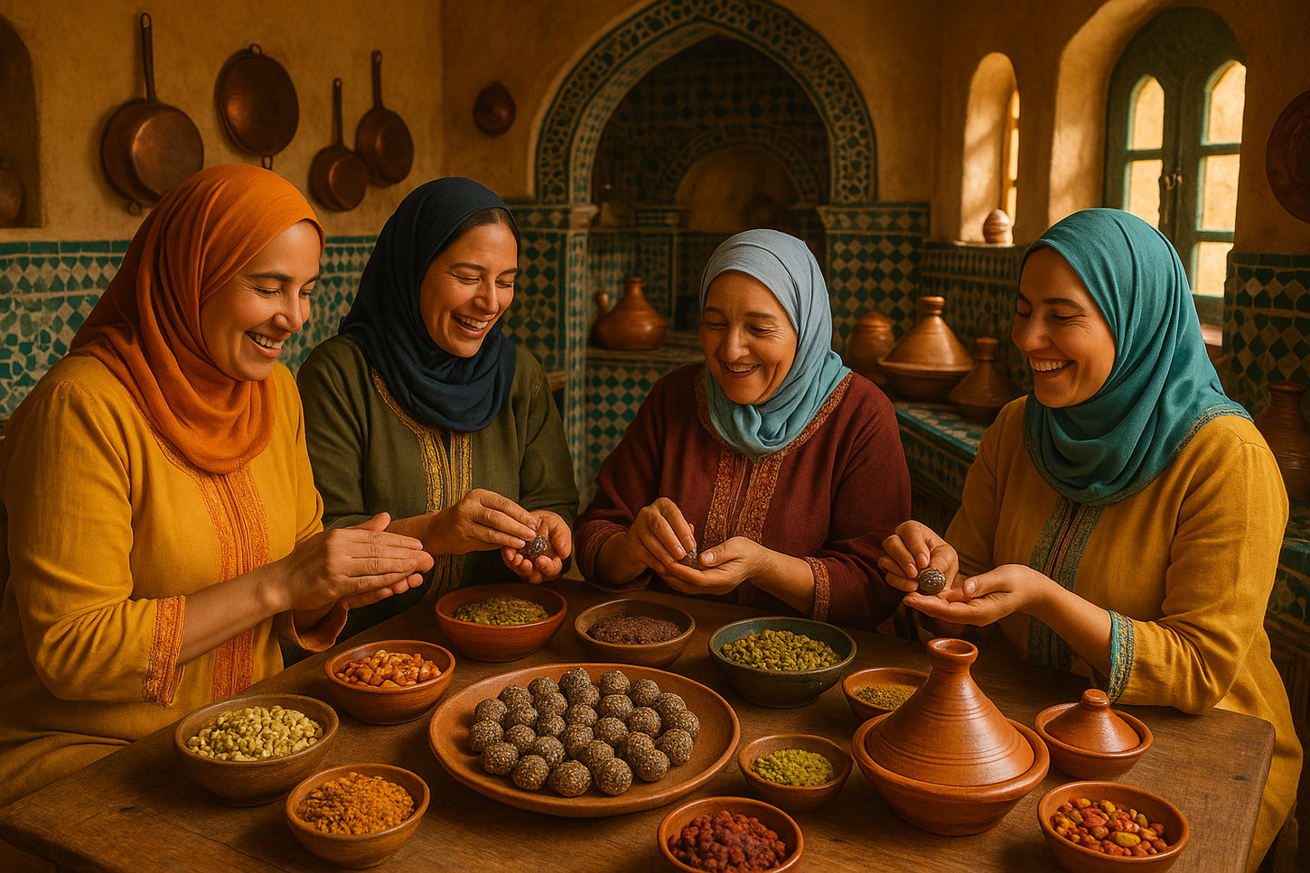 create few moroccan women making energy balls in a traditional moroccan kitchen!
